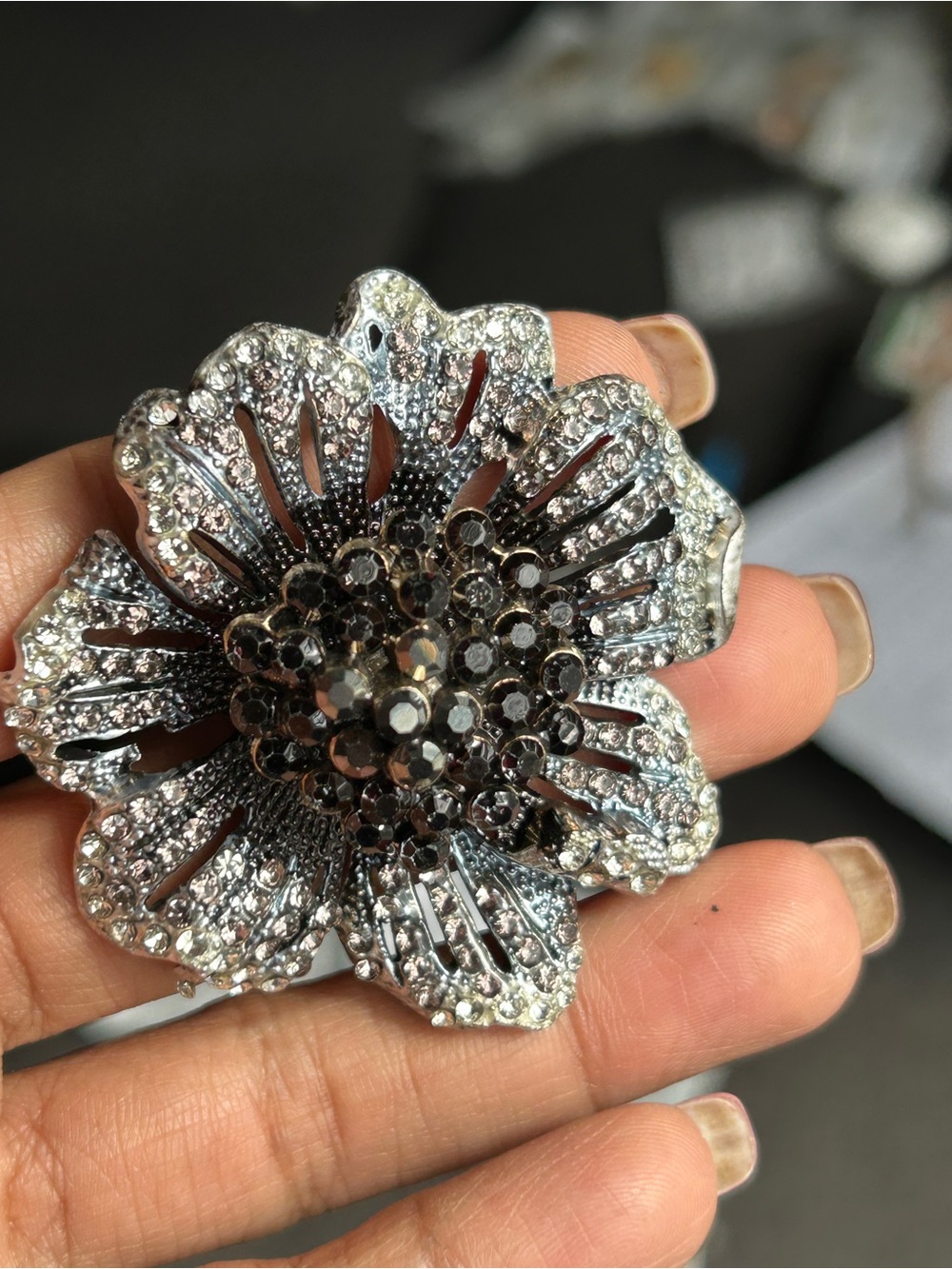 Silver and Black Crystal Floral Brooch